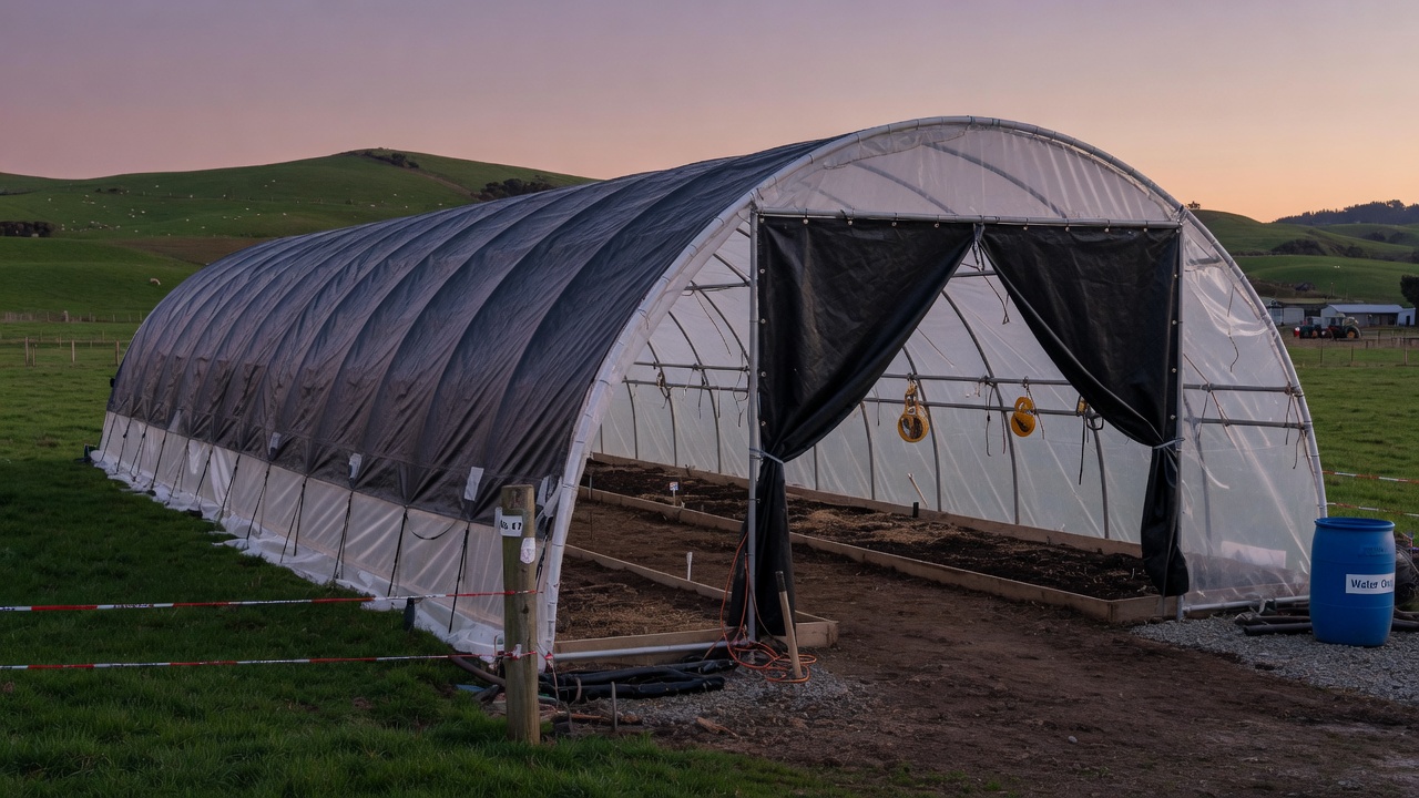 Light-deprivation tunnel with blackout tarp half drawn